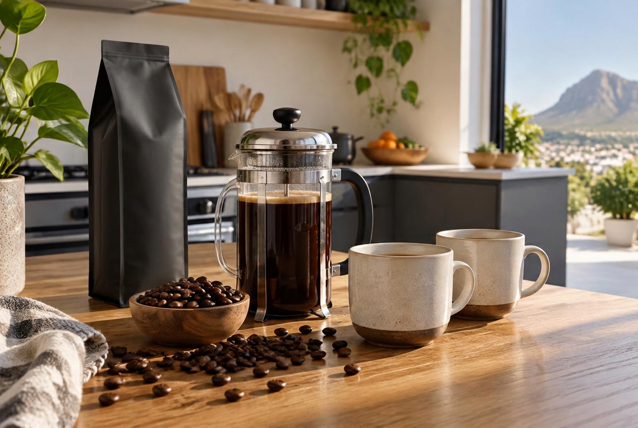 Plunger koffie en twee bekers op 'n houttoonbank