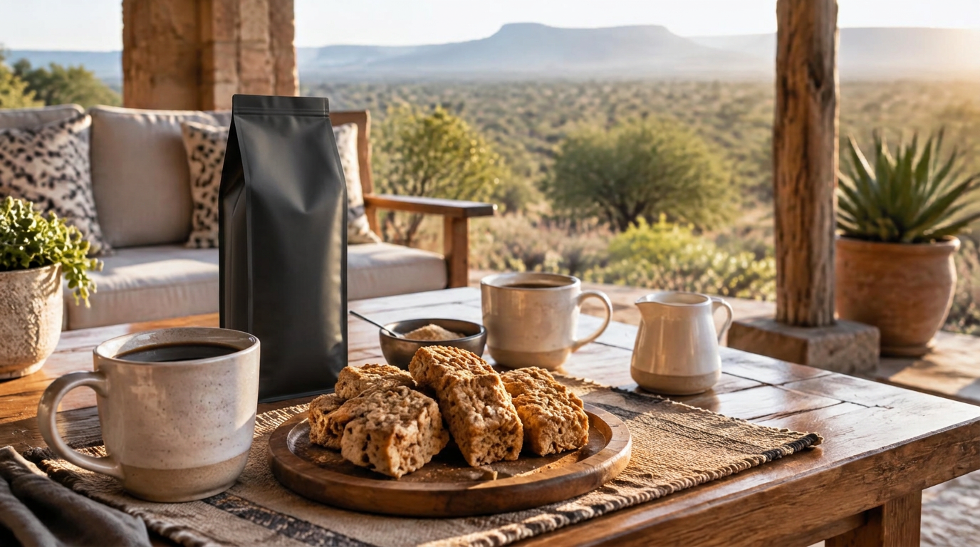 Koffie en beskuit op 'n stoep met die bosveld in die agtergrond